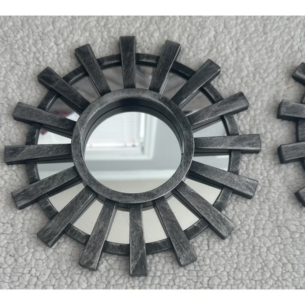 Set Of 3 Sunburst Framed Accent Wall Mirrors Brushed Silver & Black Decor Mirror
